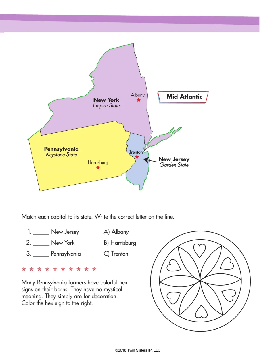 Mid Atlantic map of New York, Pennsylvania and New Jersey; students match each capital to its state and color a hex sign