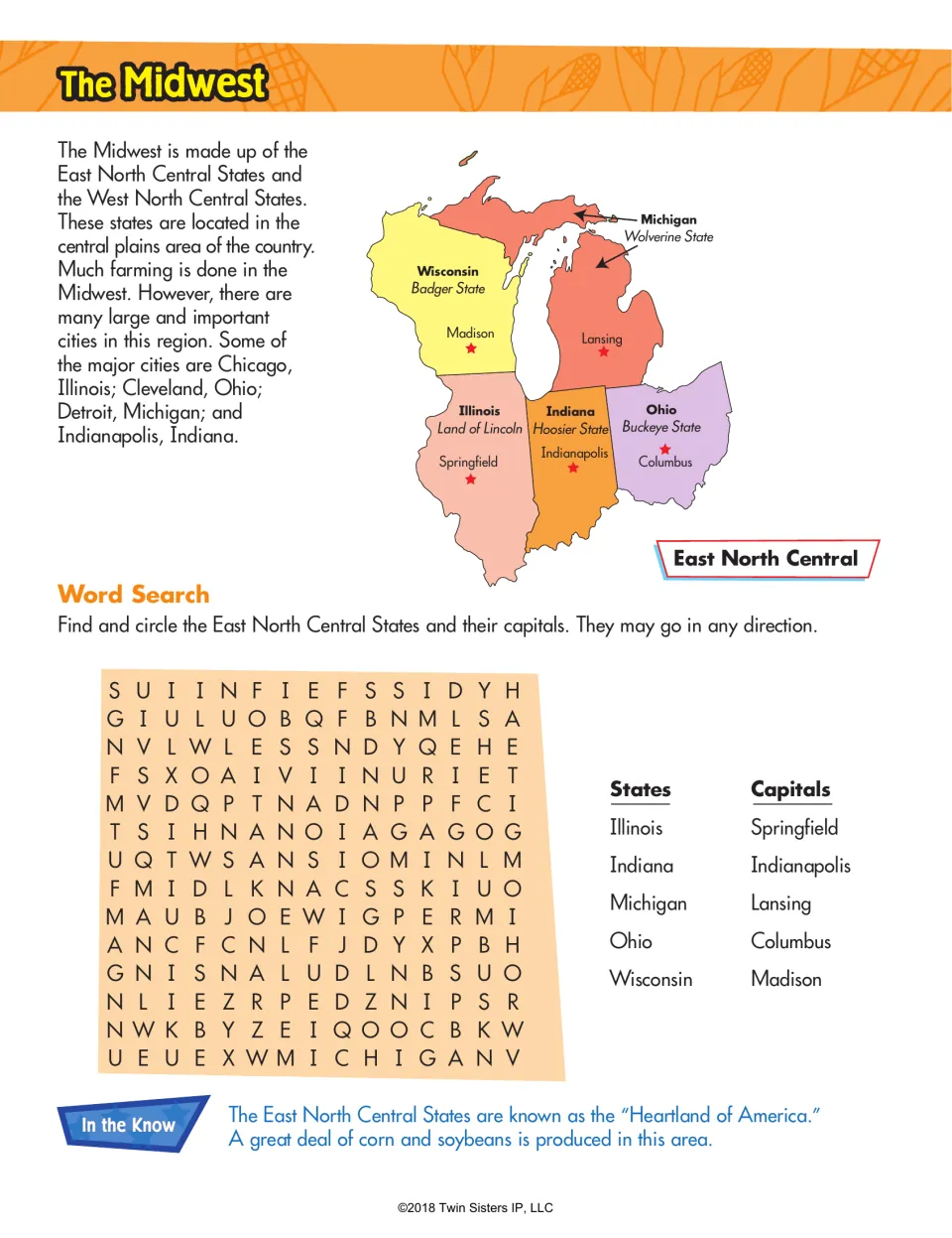 The Midwest: East North Central map with capitals; students find the five states and their capitals in a word search