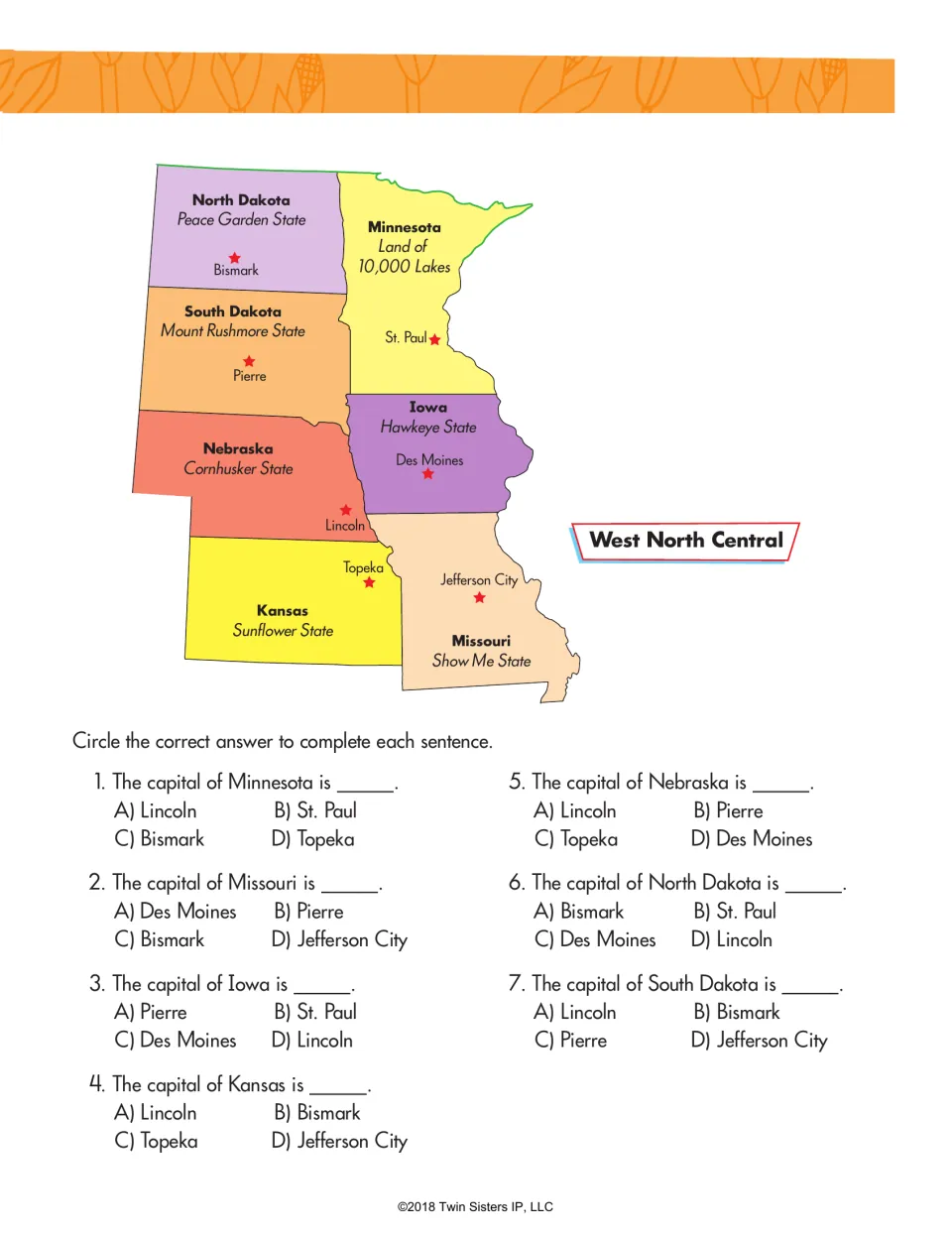 West North Central map of seven states; students circle the right capital to complete each multiple-choice sentence