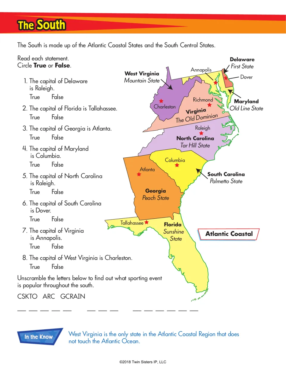 The South: Atlantic Coastal map; students mark eight capital statements true or false, then unscramble a sport
