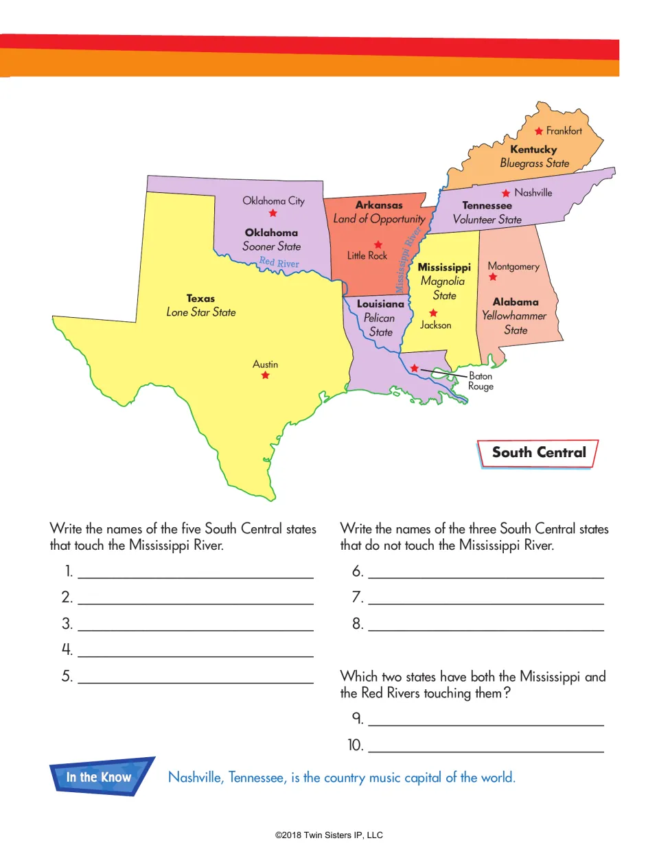 South Central map with the Mississippi and Red Rivers; students sort the eight states by which rivers touch them