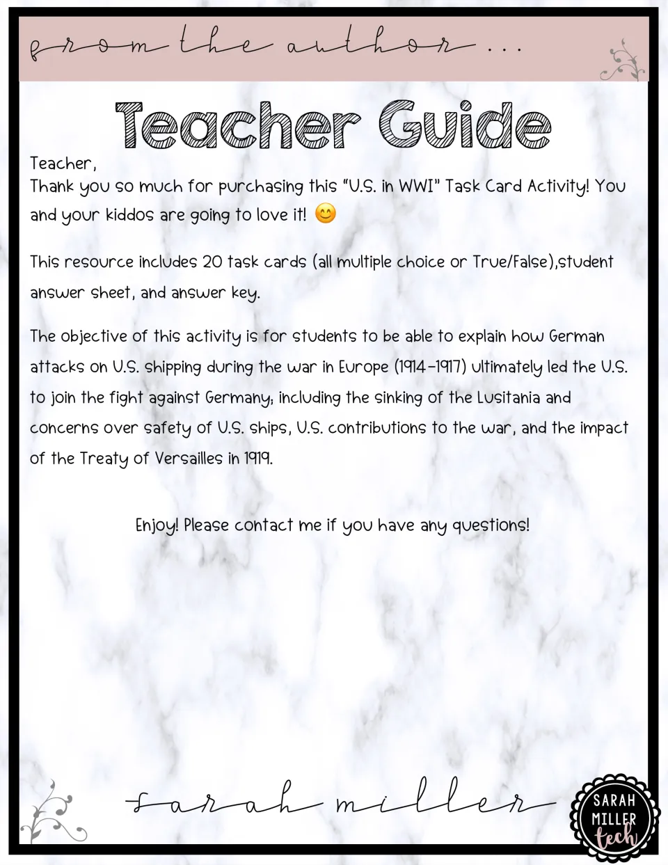 Teacher guide for 20 WWI task cards covering attacks on U.S. shipping, war contributions, and Versailles