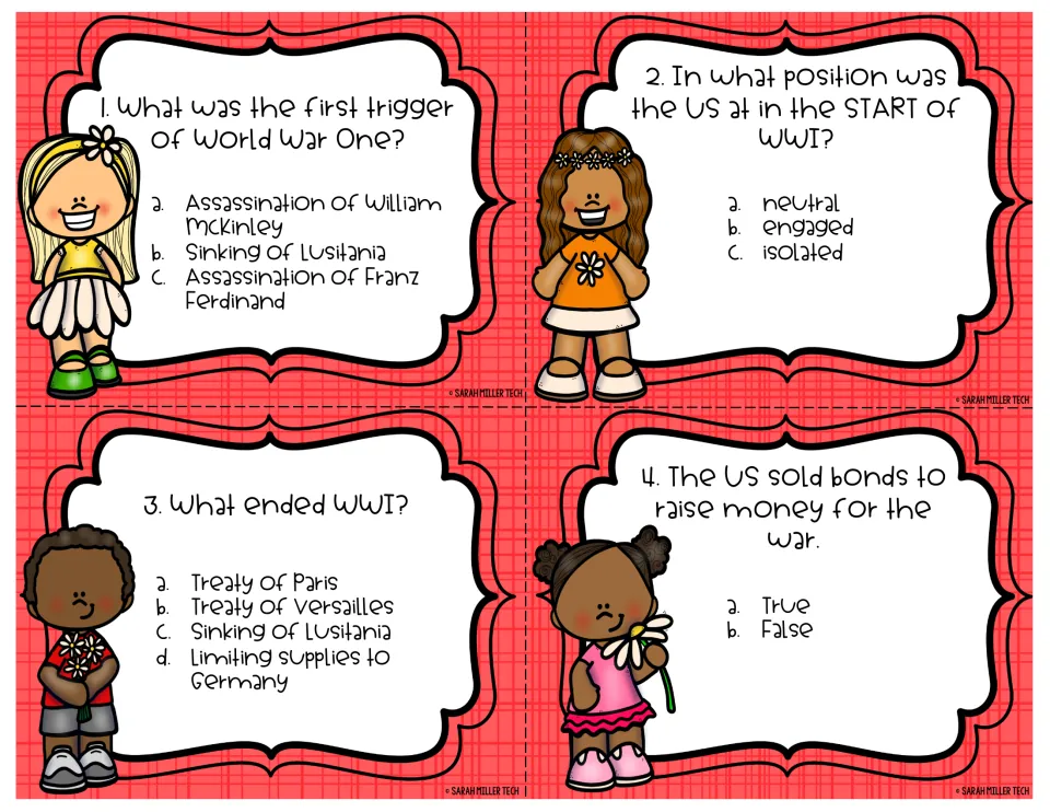 WWI task cards 1–4 ask about the war's trigger, initial U.S. neutrality, the war's end, and war bonds