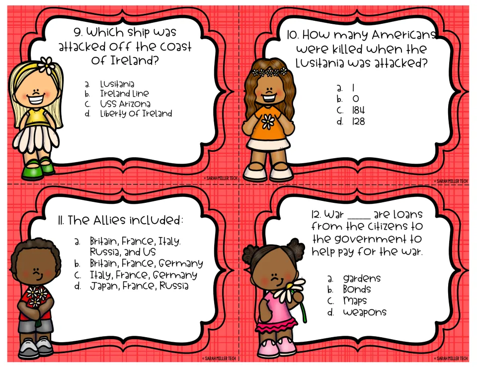 WWI task cards 9–12 ask about the Lusitania, American deaths aboard it, Allied countries, and war bonds