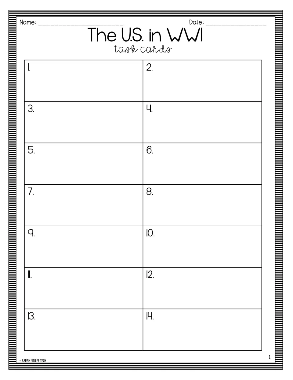 Student recording sheet for WWI task cards 1–14, headed 'The U.S. in WWI,' with name and date spaces