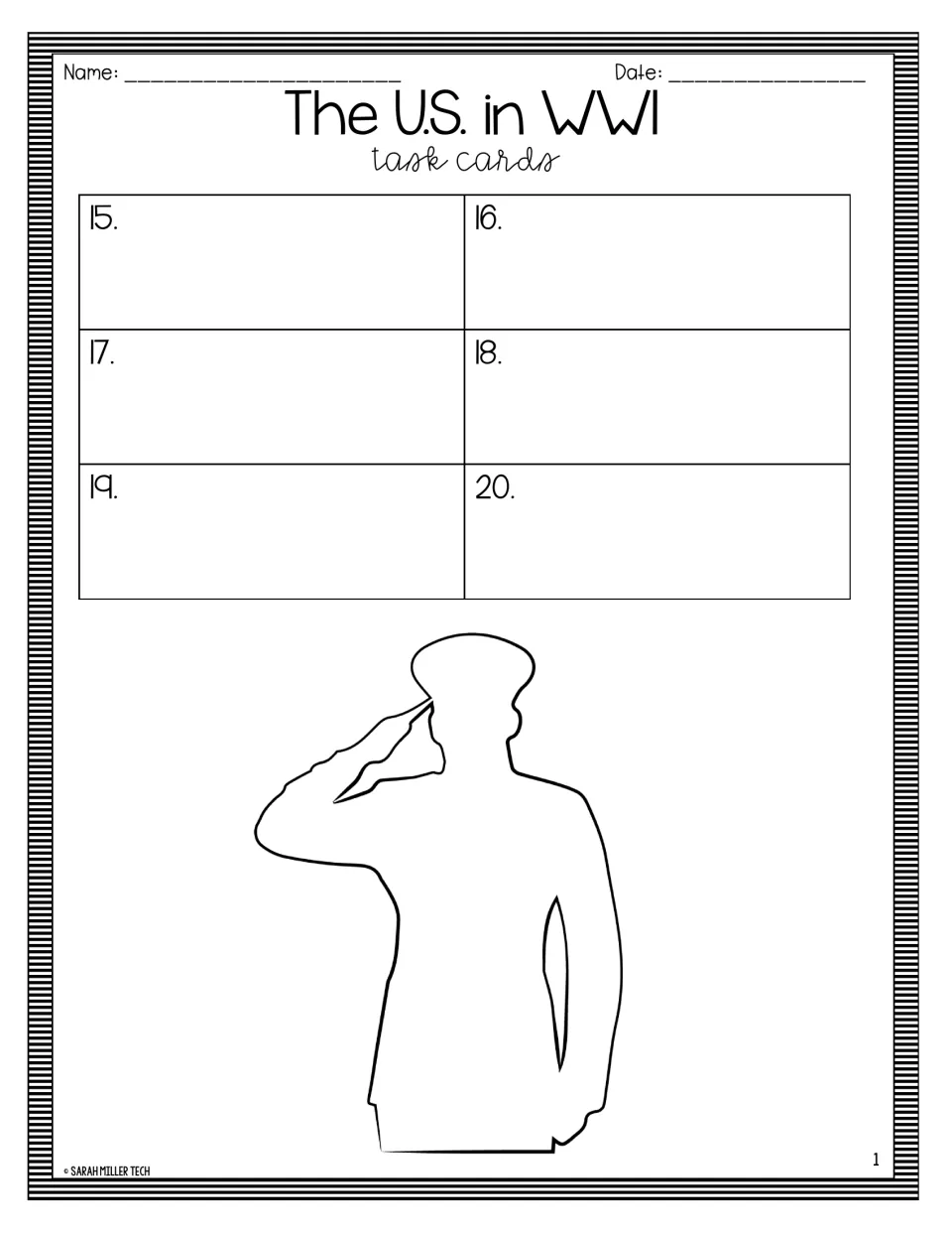 Second student recording sheet for WWI task cards, providing spaces to record answers to cards 15–20