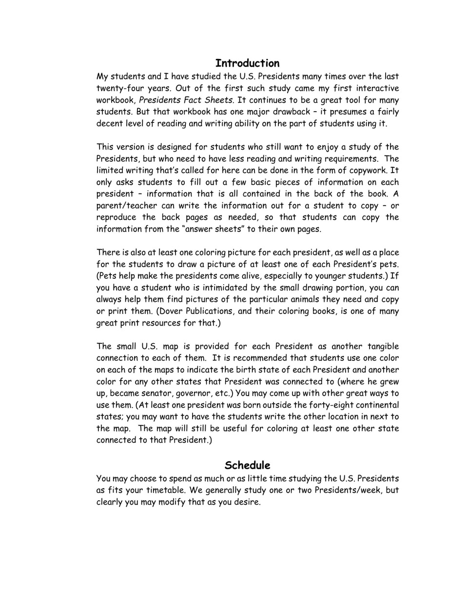 Introduction explains fact-sheet copywork, pet drawings, map coloring, and studying one or two presidents weekly