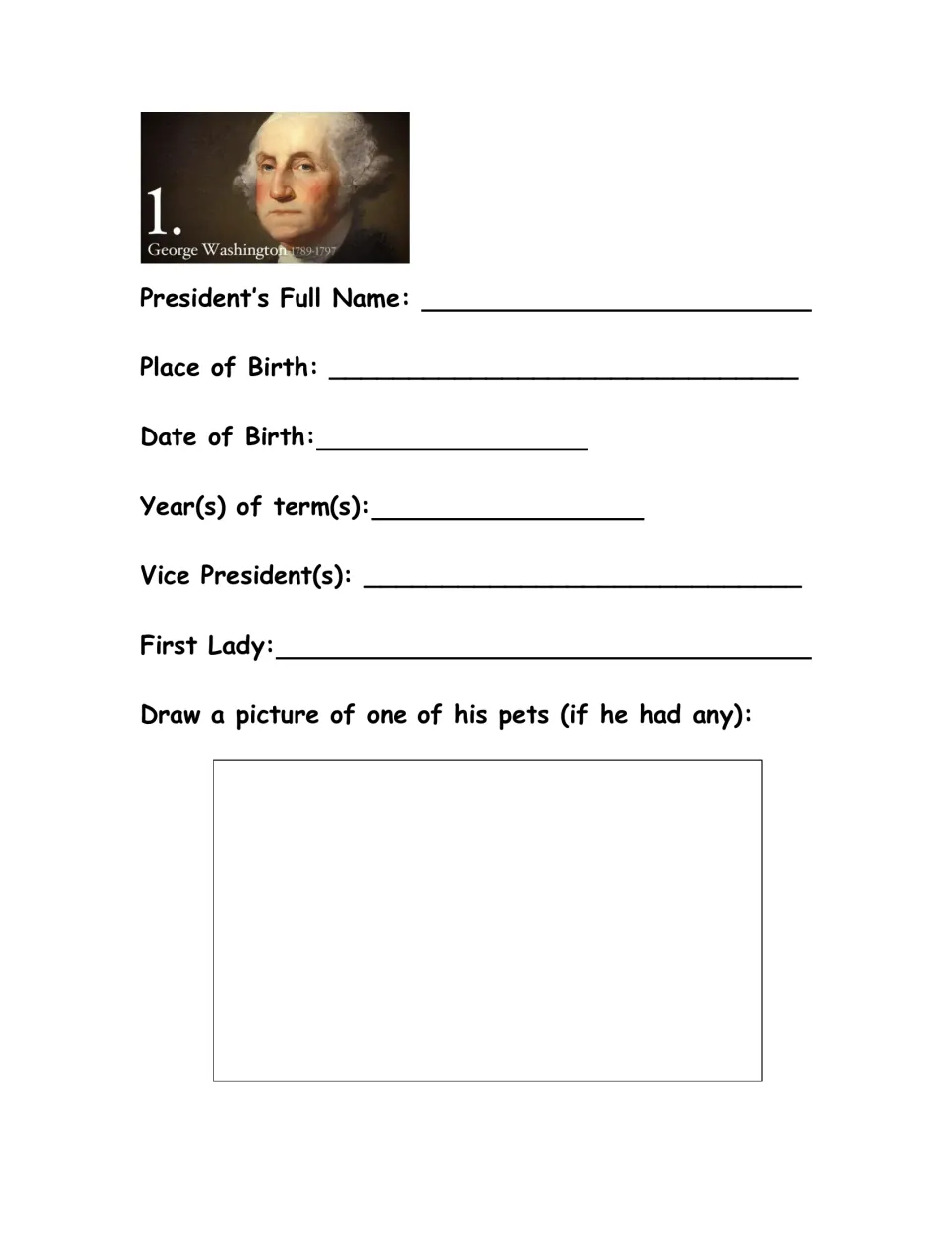 George Washington fact sheet asks for name, birthplace, birth date, terms, vice president, first lady, and a pet drawing