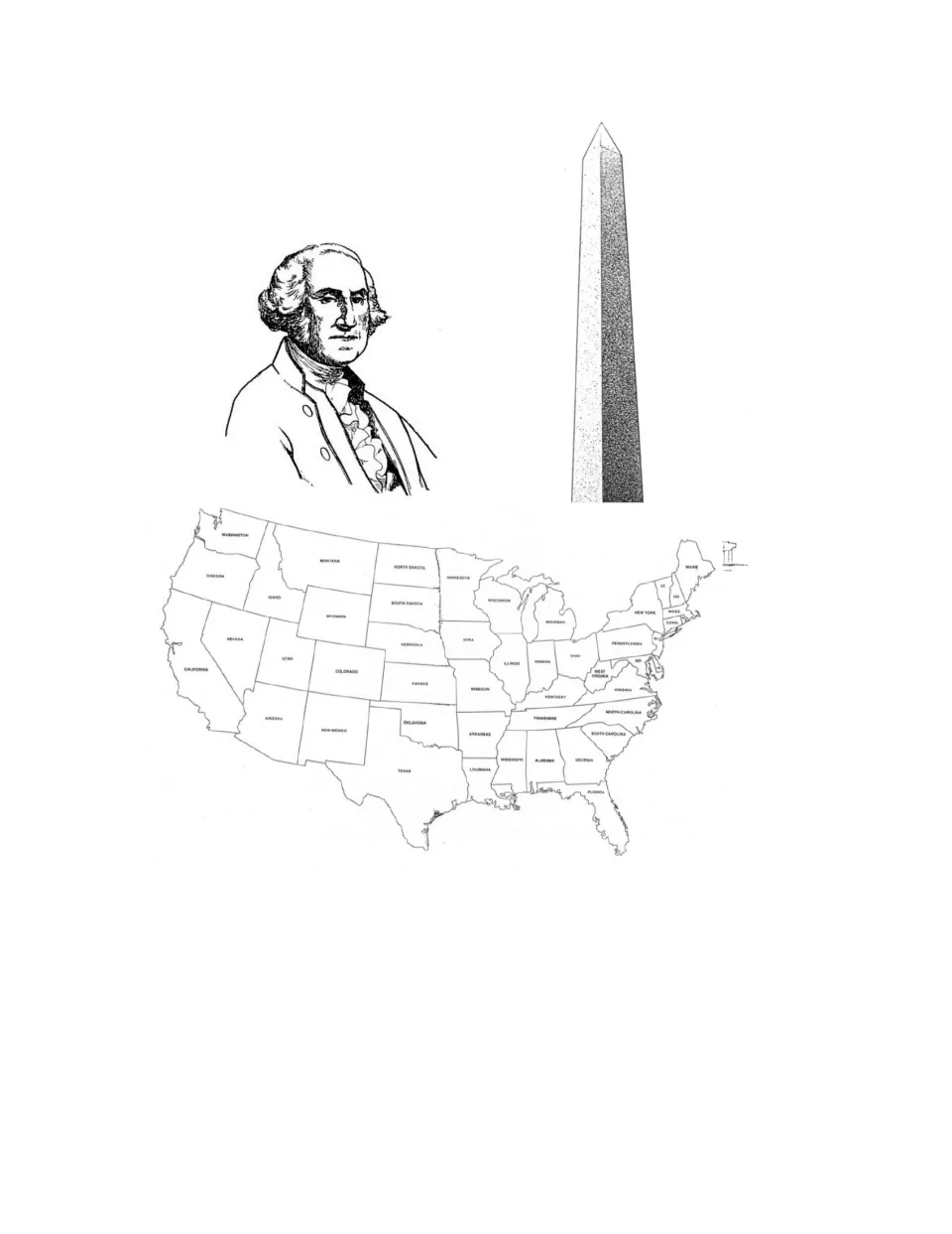 George Washington coloring page pairs his portrait and the Washington Monument with a U.S. state map
