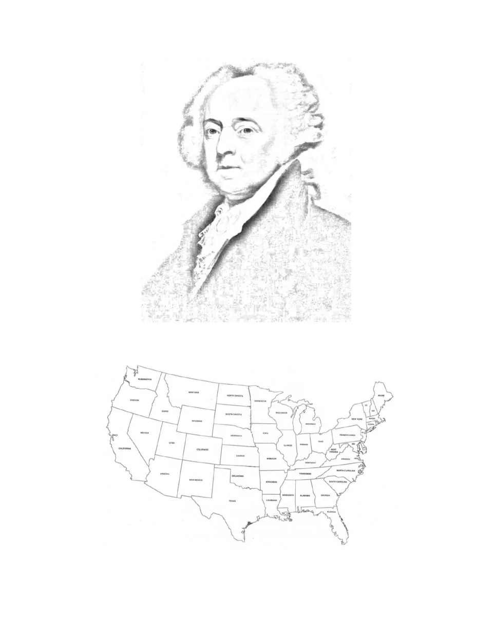 John Adams coloring page pairs his portrait with a labeled U.S. state map for marking states connected to him