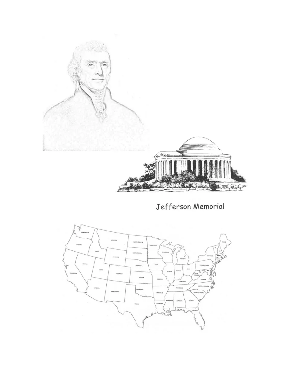 Thomas Jefferson coloring page includes his portrait, the labeled Jefferson Memorial, and a U.S. state map