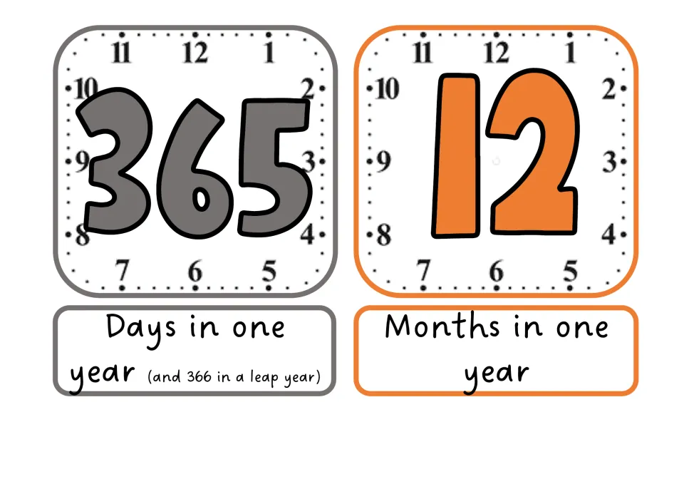 Year display cards: 365 days in a year (366 in a leap year) and 12 months in a year, each number on a clock face