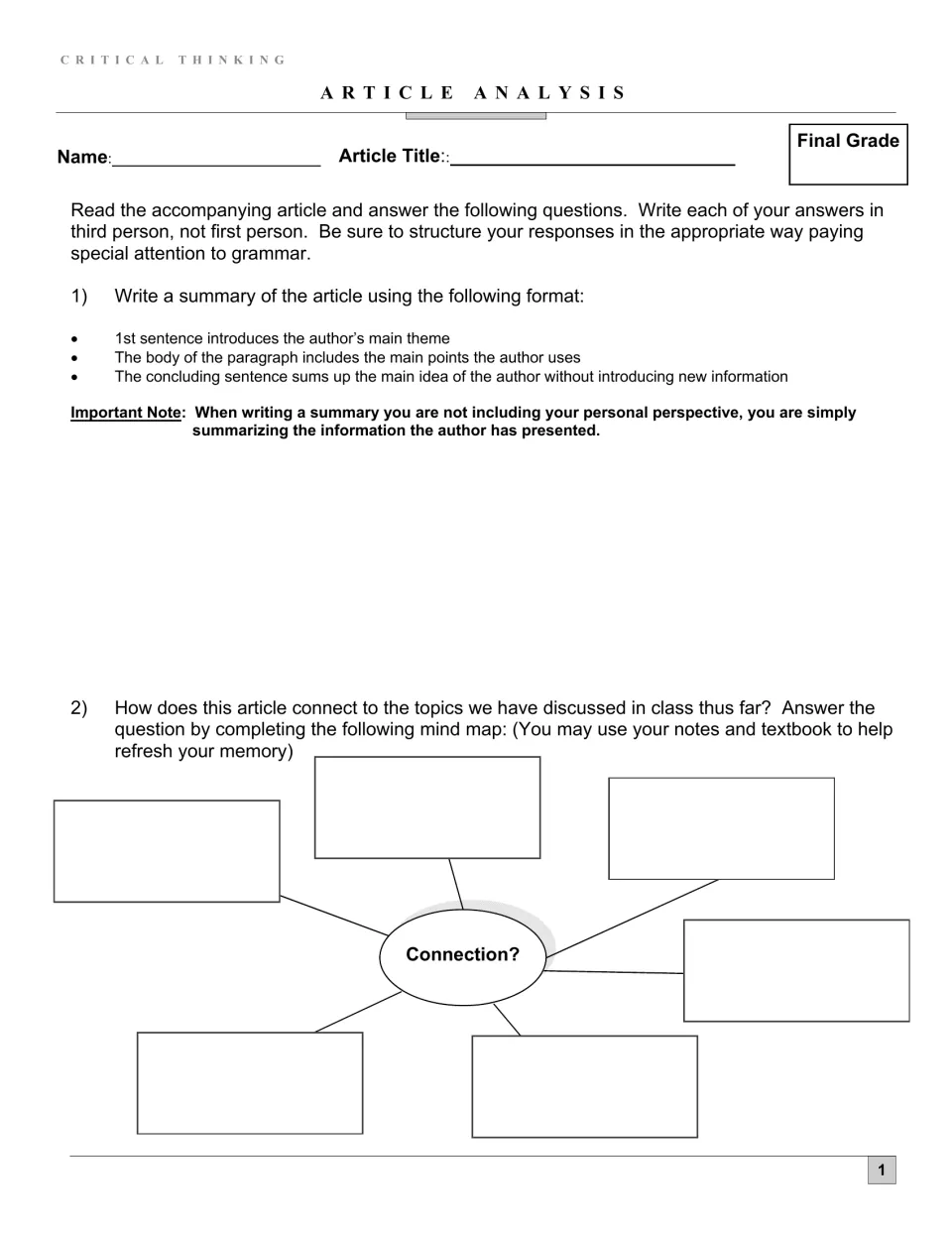 Article analysis: students write a three-part summary of an article, then link it to class topics in a Connection mind map