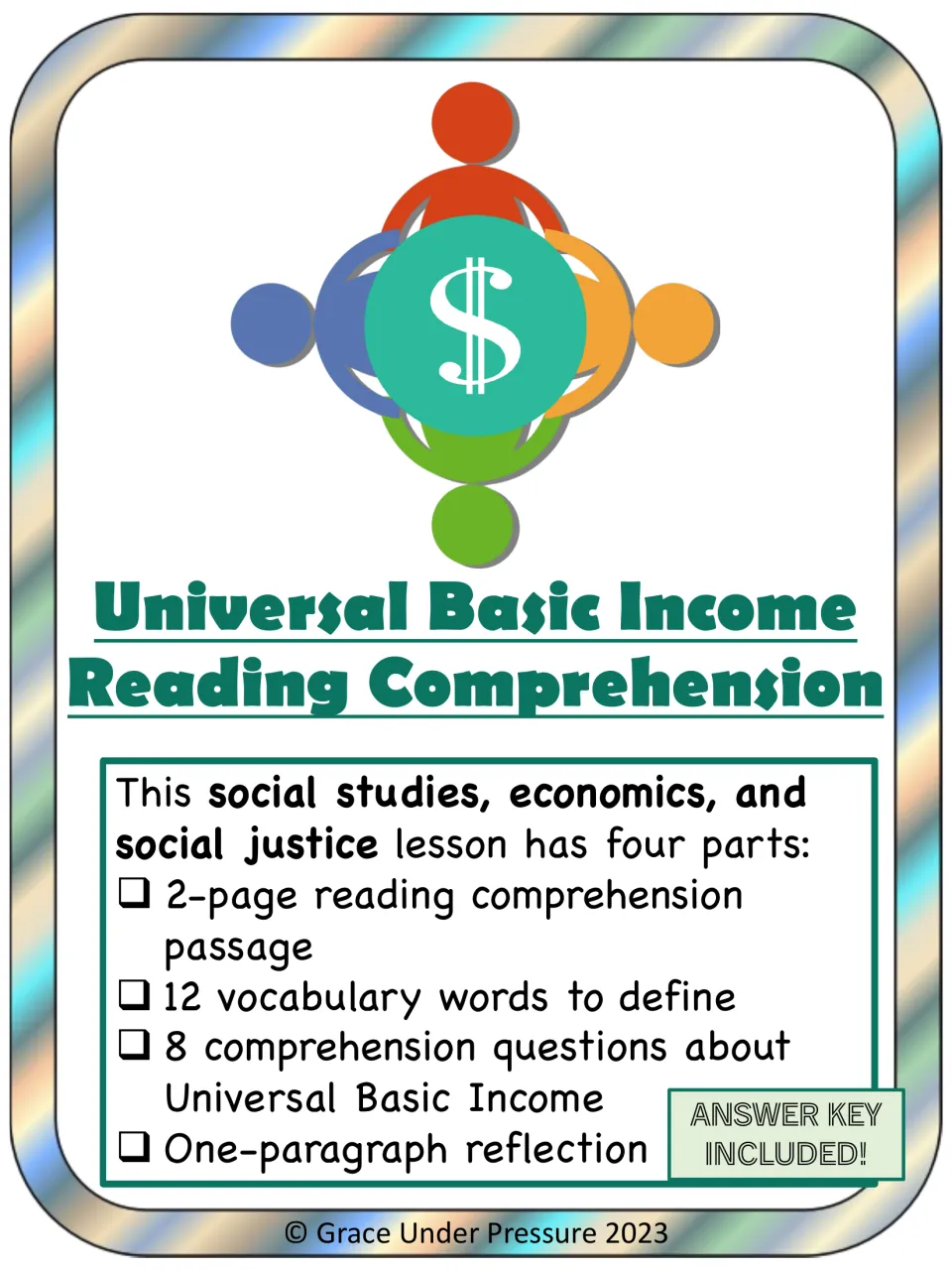 Universal Basic Income Reading Comprehension cover: a 2-page passage, 12 vocabulary words, 8 questions and a reflection