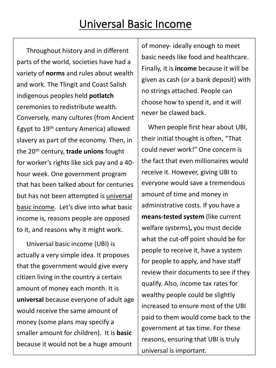 UBI reading passage, part 1: students read about potlatch, slavery and trade unions, then UBI and means-testing