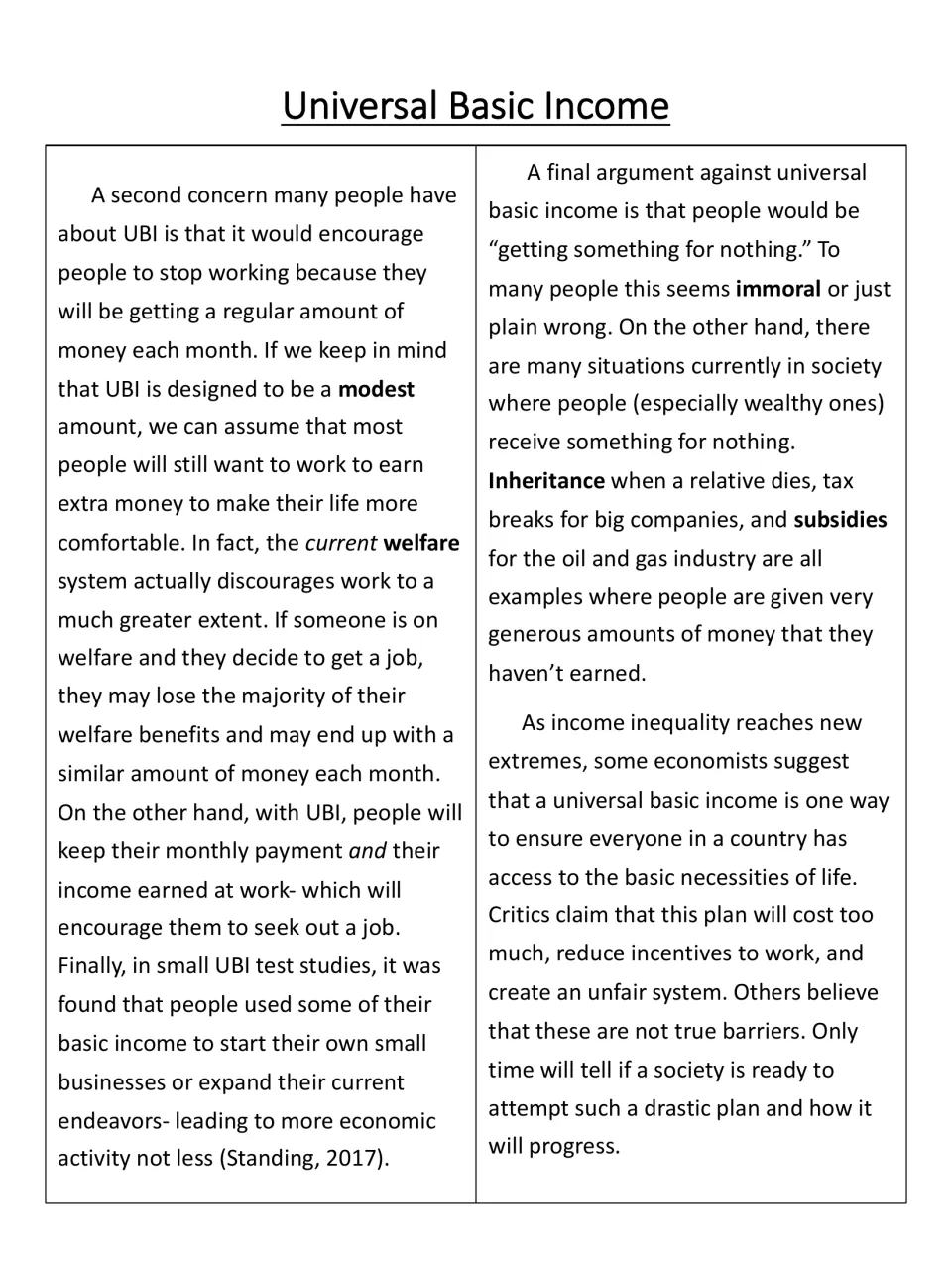 UBI reading passage, part 2: students read rebuttals on work incentives, 'something for nothing' and income inequality