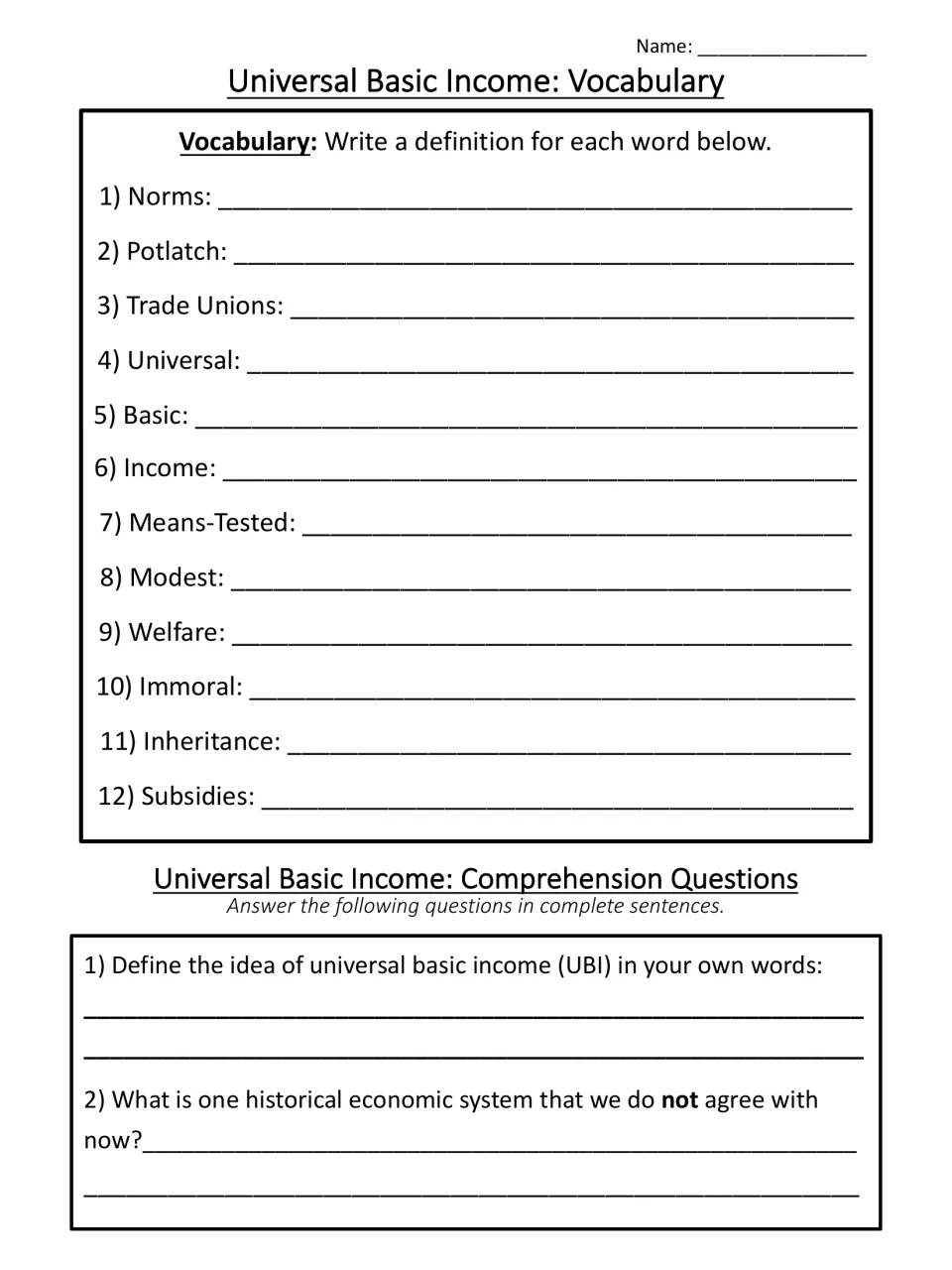UBI vocabulary: students define 12 terms from norms to subsidies, then define UBI and name a past economic system