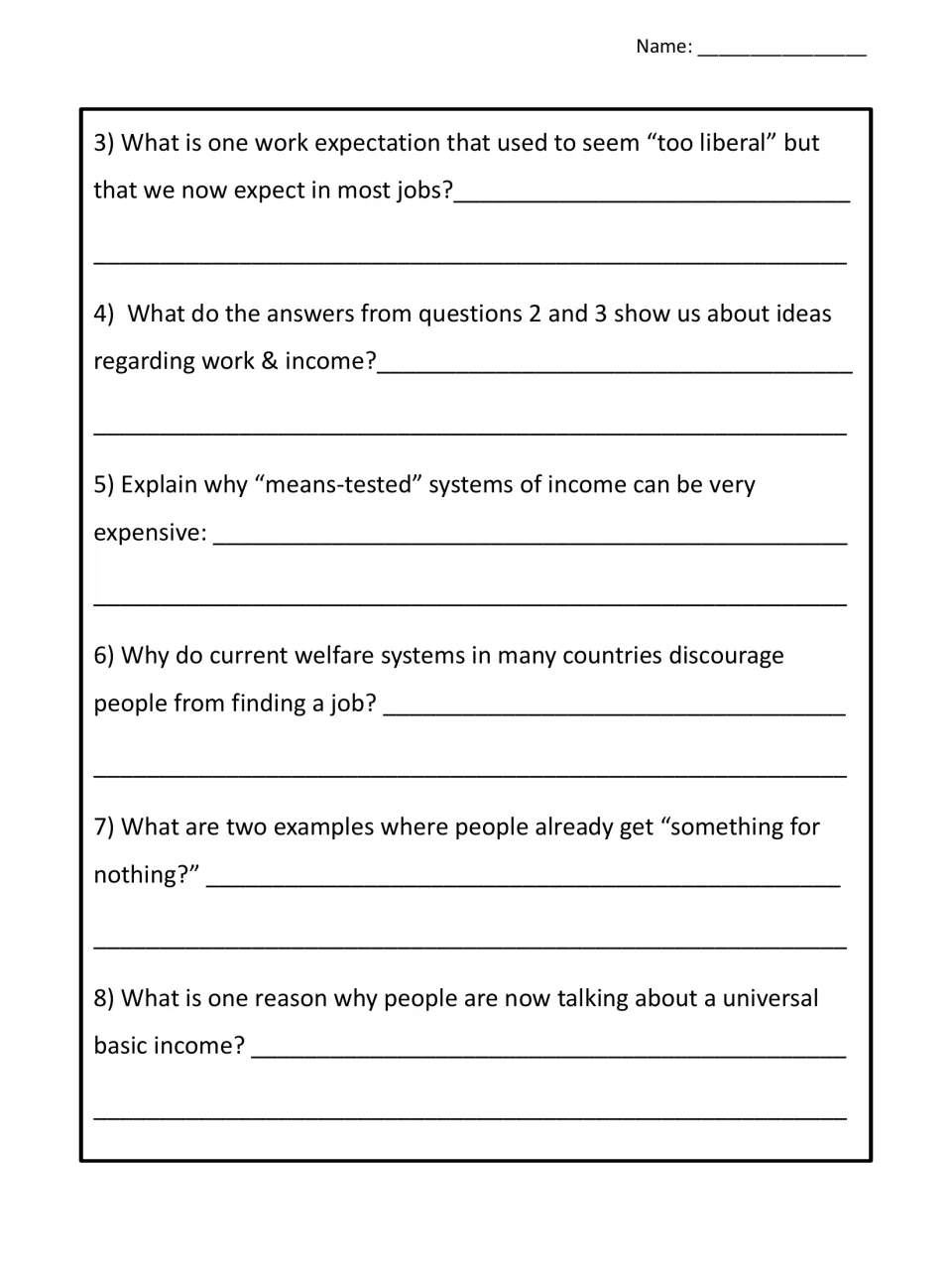 UBI comprehension questions 3 to 8: students explain means-tested costs, welfare and 'something for nothing' examples