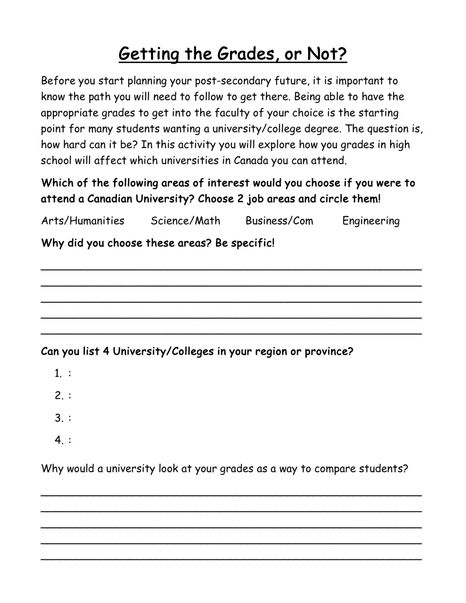Opening activity: choose two university fields, name four local colleges, and explain why grades matter.