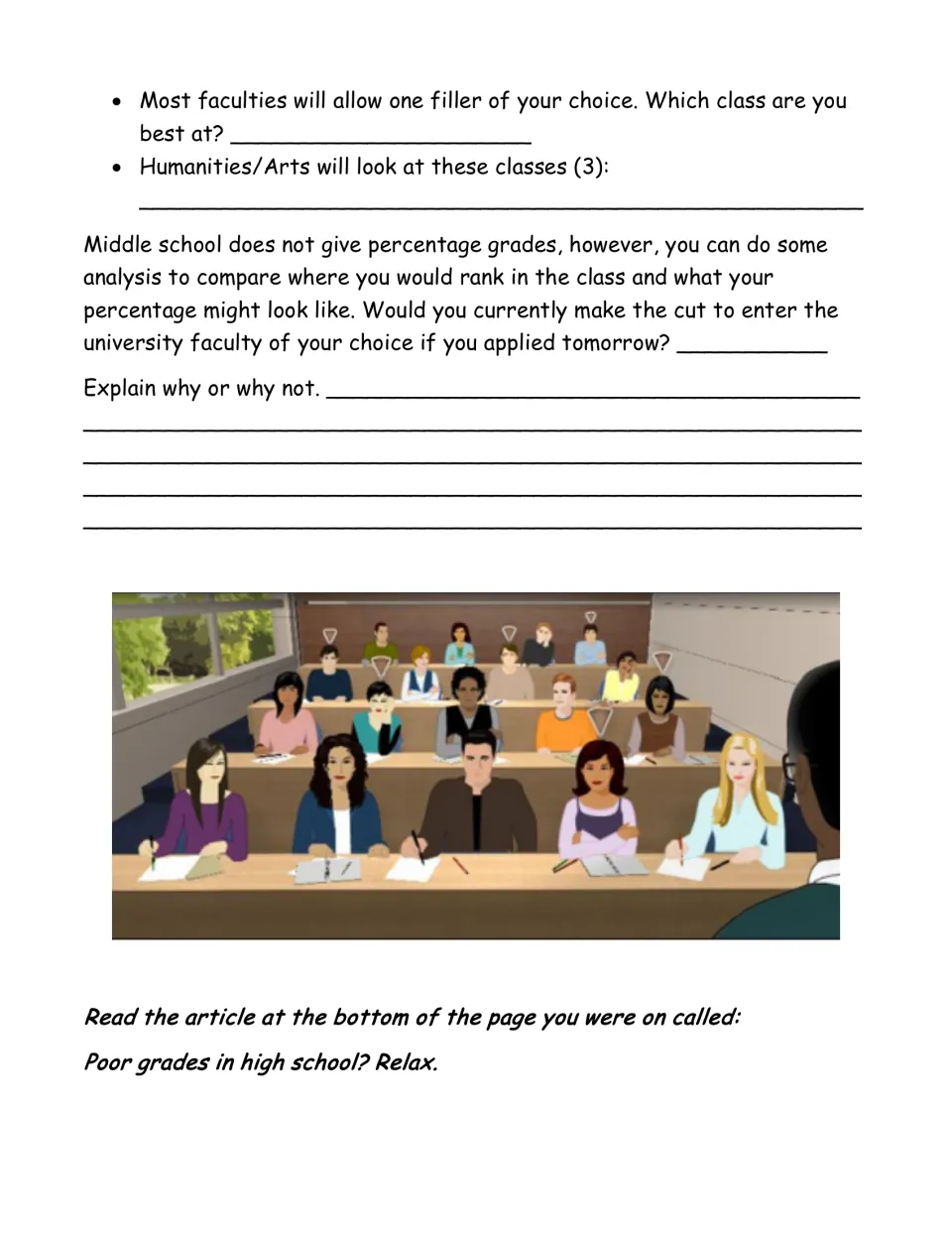 Reflection activity: consider course strengths and readiness, then read 'Poor grades in high school? Relax.'