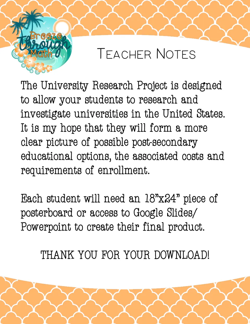 Teacher notes introduce university research on costs and enrollment, with poster or presentation options.
