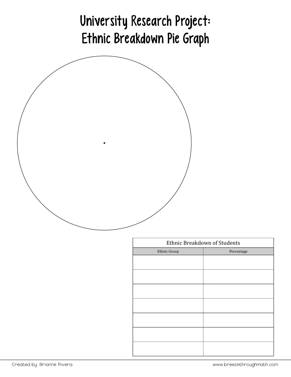 Blank ethnic breakdown pie graph lets students chart university demographics and record group percentages.