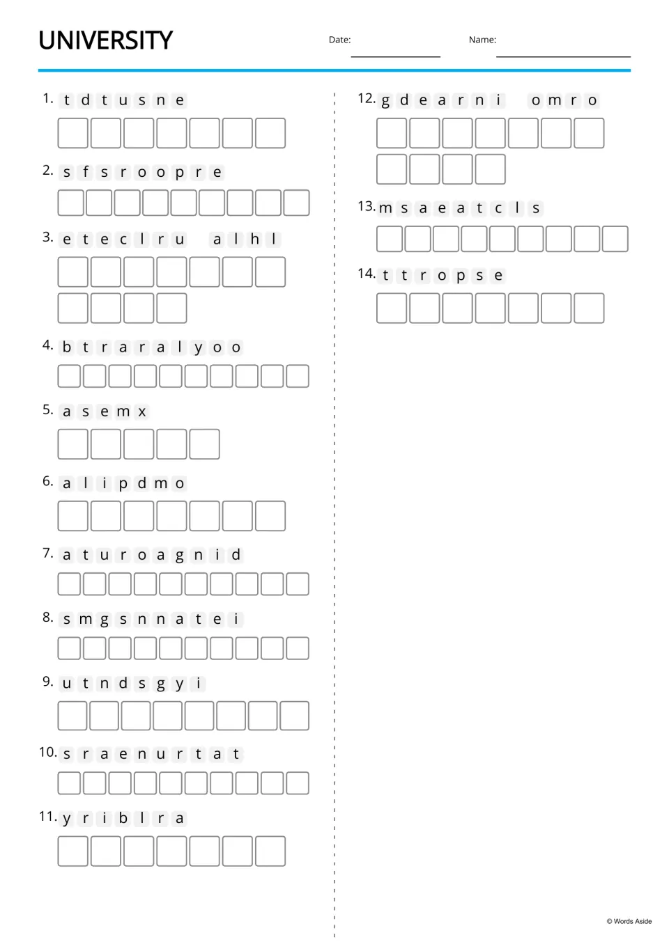 University vocabulary scramble: students unjumble 14 words such as student, exams and library, writing one letter per box