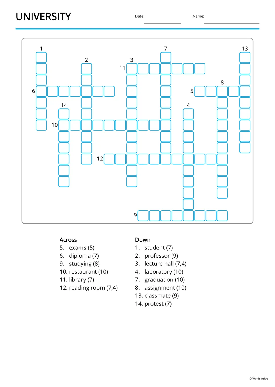 University crossword: students fill in 14 campus words from Across and Down clues like exams (5) and lecture hall (7,4)