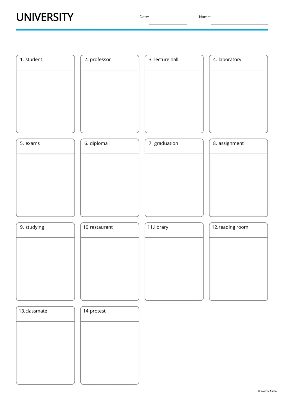 Illustrate the word: students sketch a picture for each of 14 university terms, from student and professor to protest