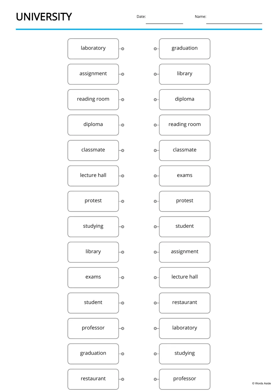Word matching: students draw lines joining identical university terms, such as diploma, classmate and lecture hall