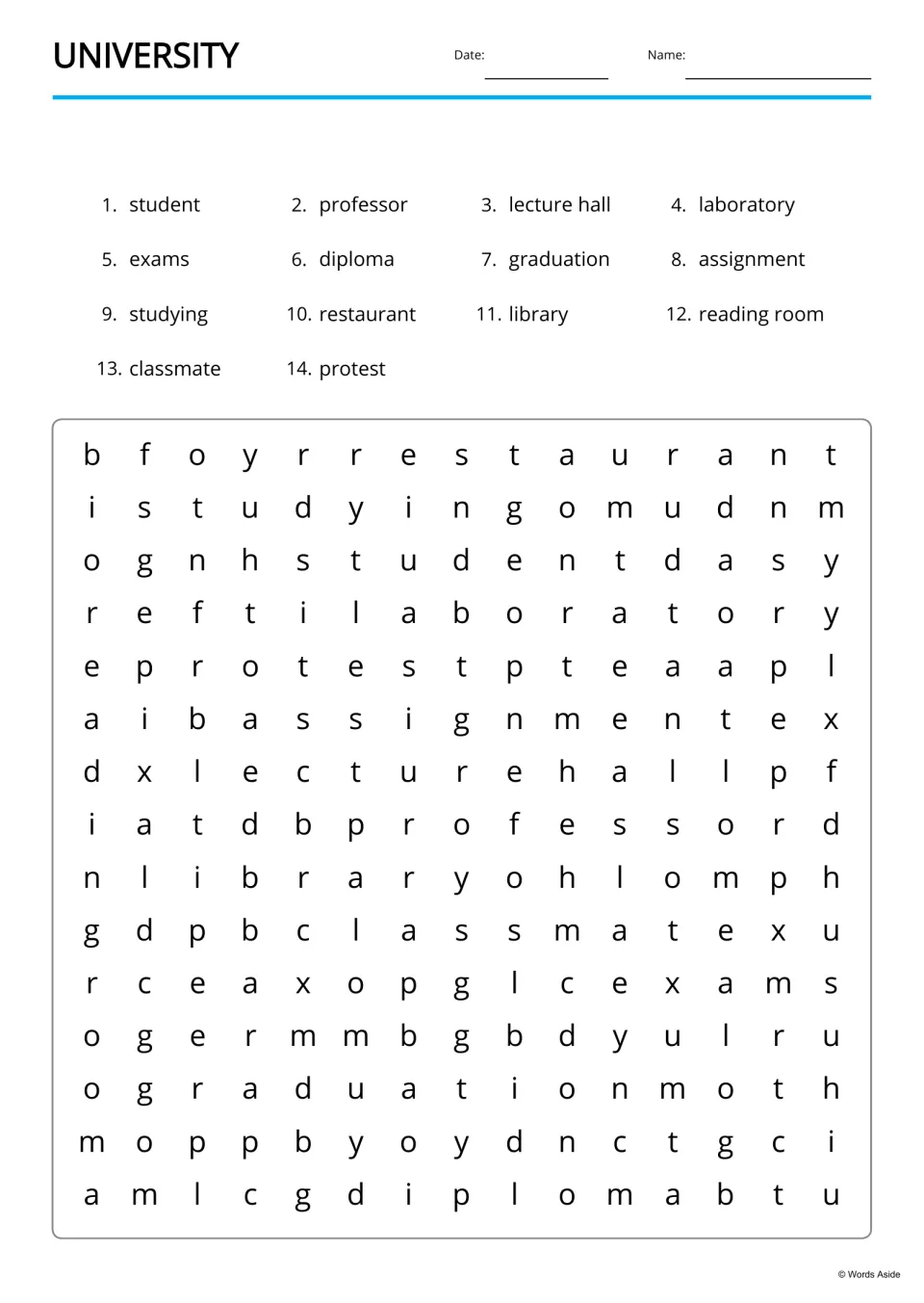 University word search: students find 14 listed words, like restaurant, assignment and graduation, hidden among letters