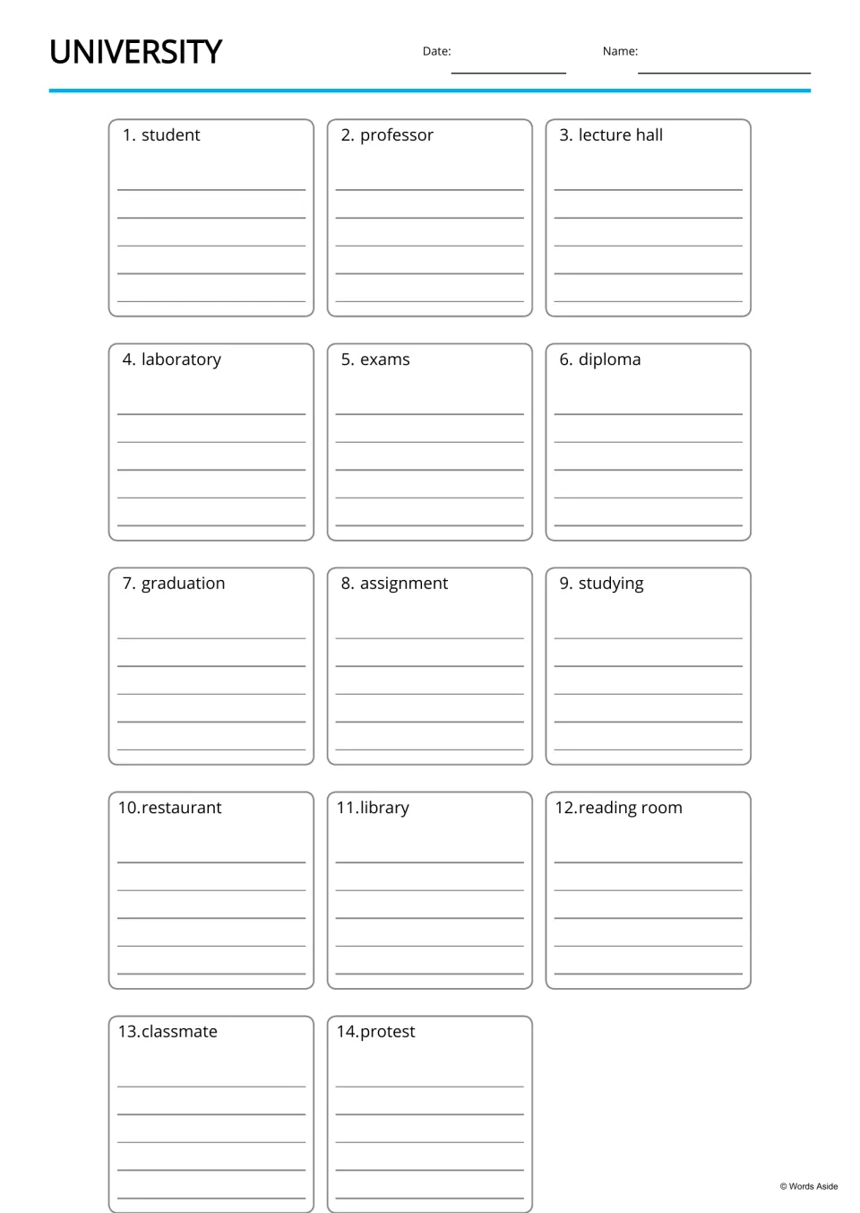 Writing practice for 14 university words: students write about terms like laboratory, studying and classmate
