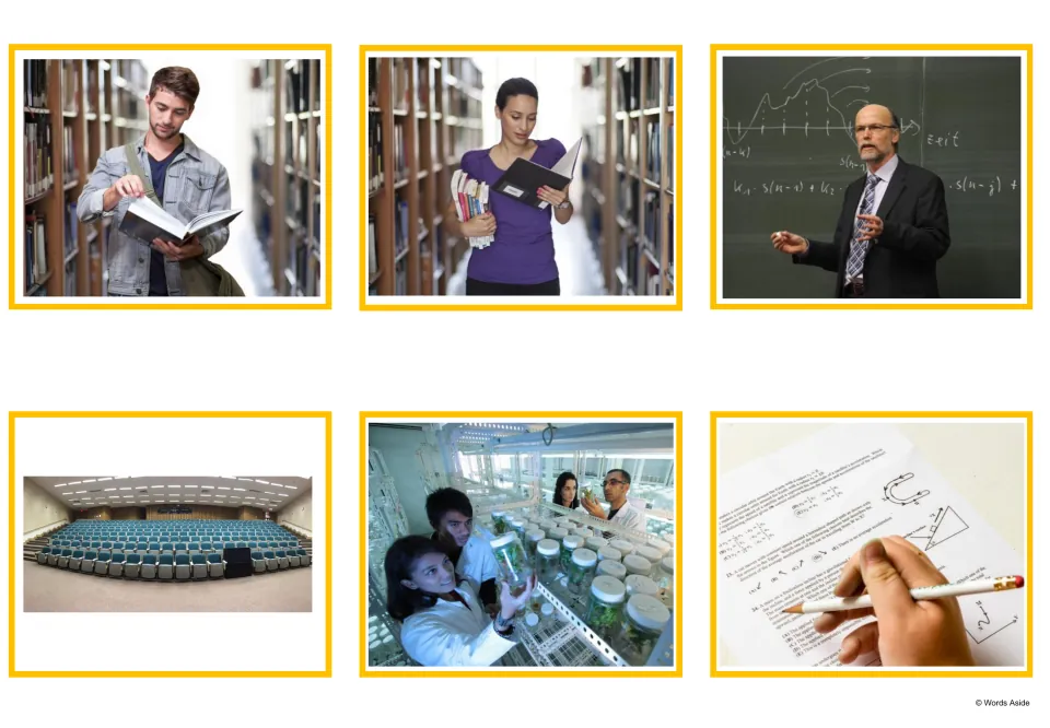 Campus picture cards: two students reading in a library, a lecturer at a chalkboard, a lecture hall, a lab and a test