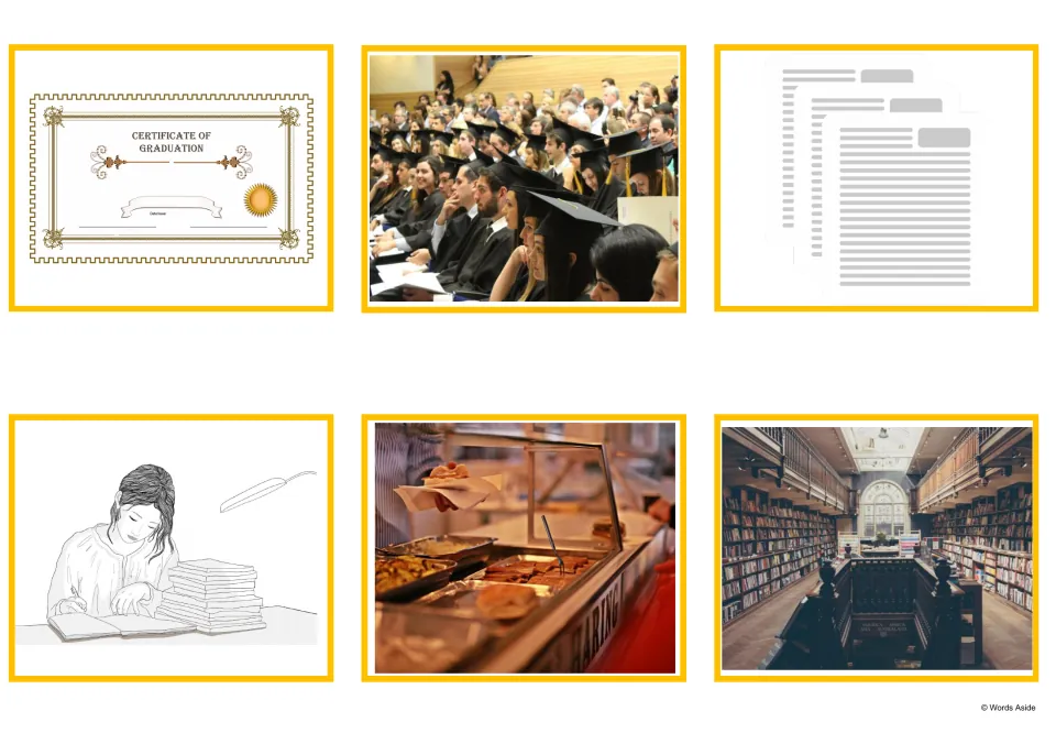 Picture cards: a graduation certificate, graduates in caps and gowns, papers, a girl studying, a buffet and a library