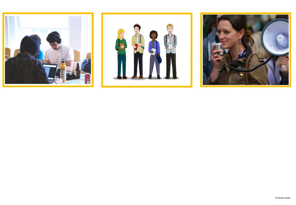 Three picture cards: students working on laptops at a shared table, four cartoon classmates, and a woman with a megaphone