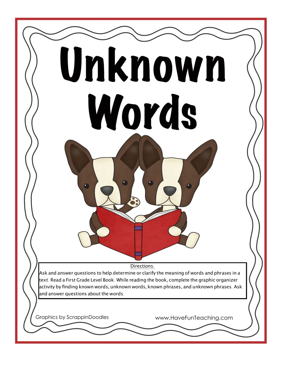 Unknown Words cover: two puppies read a book above directions to find known and unknown words and phrases while reading
