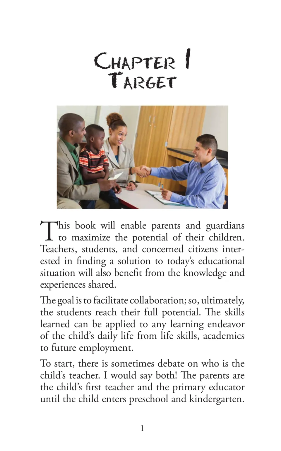 Chapter 1, Target, opens with the guide's audience and the shared teaching roles of parents and teachers