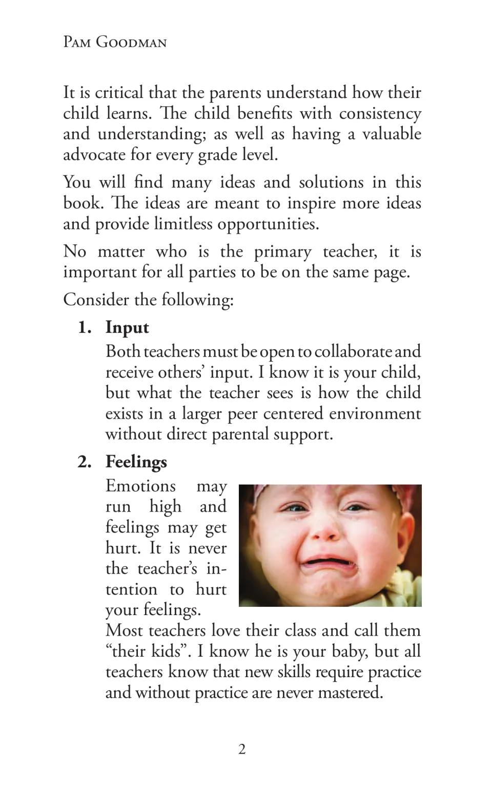 Chapter 1 continued: Input and Feelings sections address parent-teacher collaboration and practicing skills