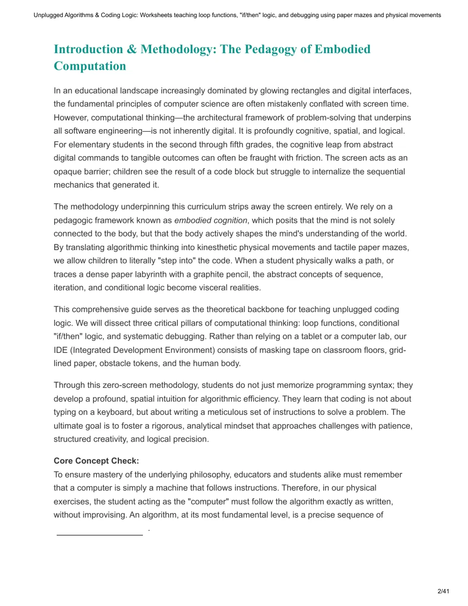 Introduction on embodied computation and screen-free coding; students finish a fill-in-the-blank on what an algorithm is