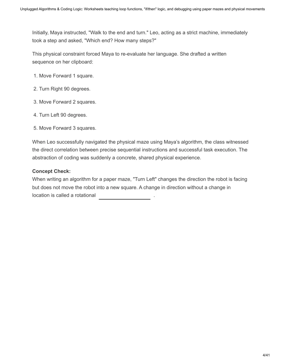 Maya's five-step maze algorithm of moves and turns; students fill in the blank naming a turn without moving
