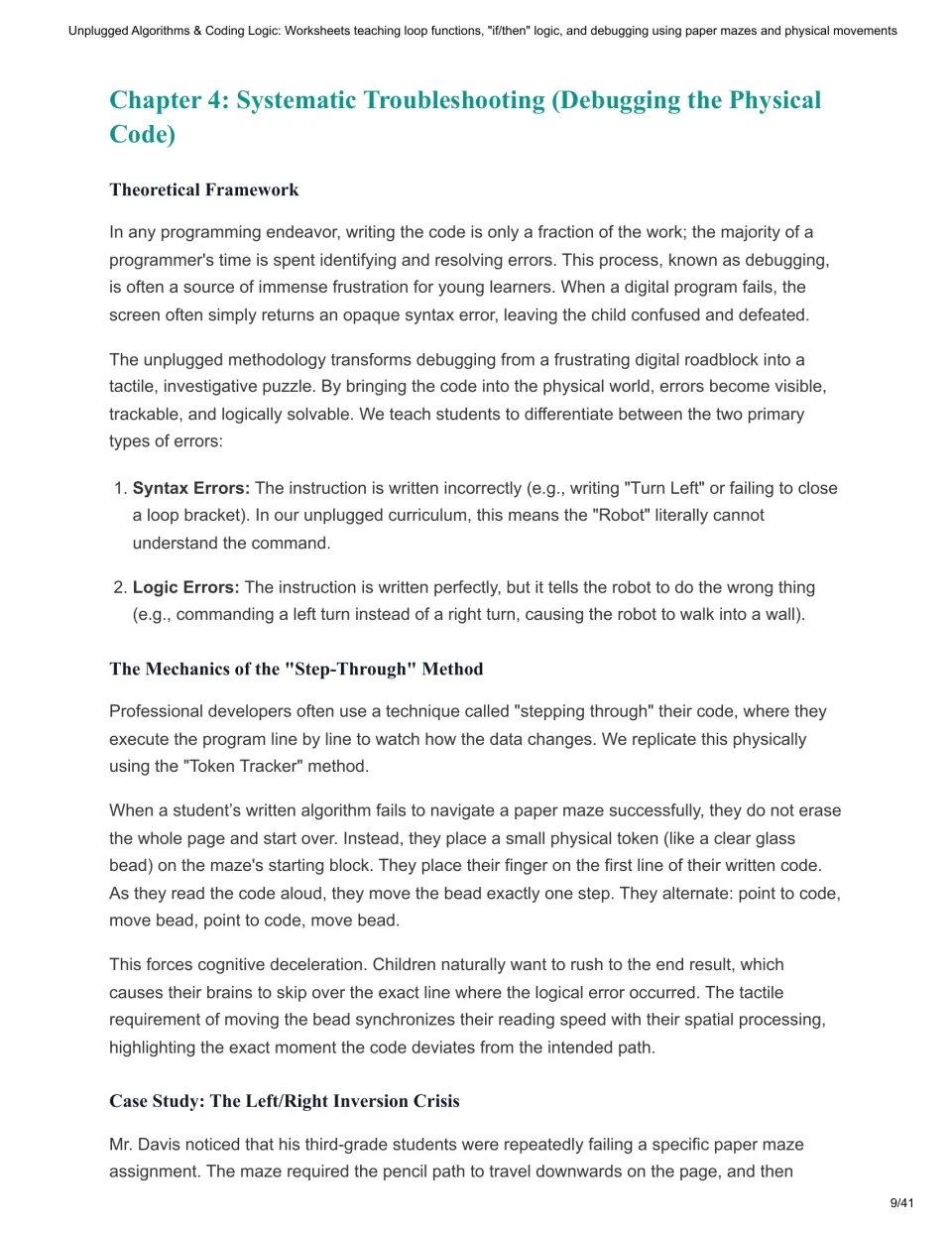 Chapter 4 on debugging: syntax errors versus logic errors, Token Tracker step-through method and left/right case study