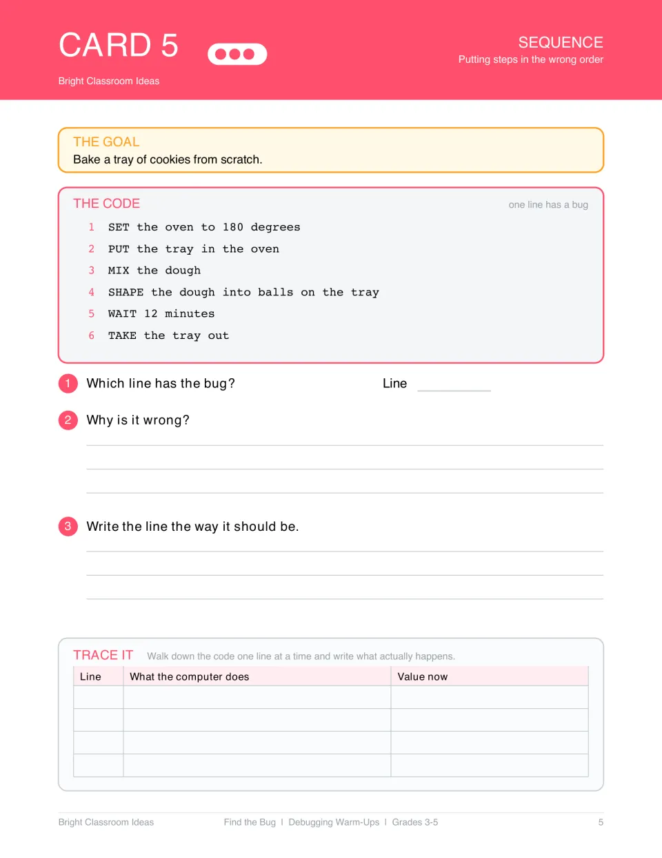 Debugging card 5: find and fix a sequence error that puts a cookie tray in the oven before mixing the dough.