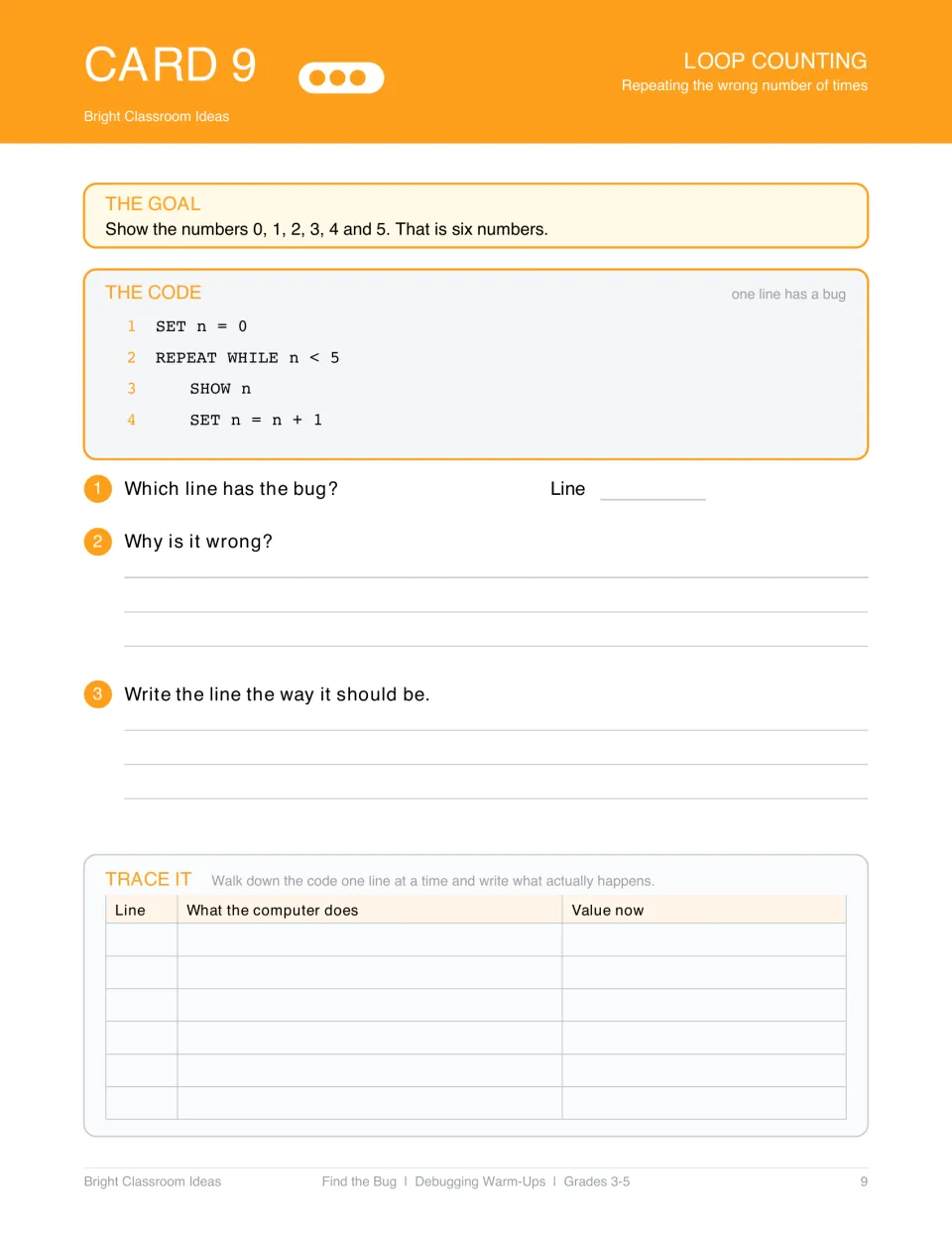 Debugging card 9: find and fix a loop counting error in code meant to show 0 through 5 using n < 5.