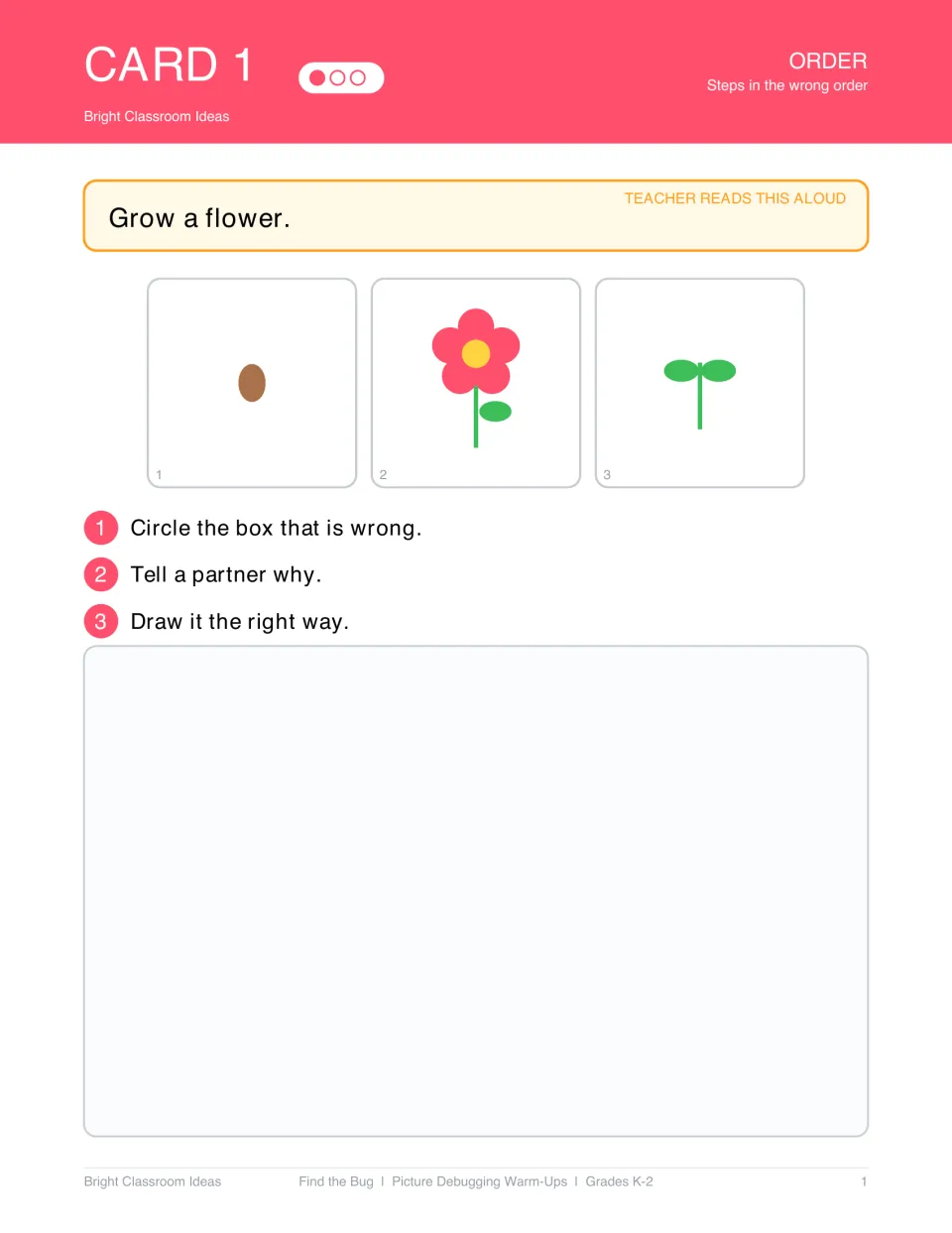Order debugging card 1: 'Grow a flower' shows a seed, a flower, and a sprout for students to sequence correctly.