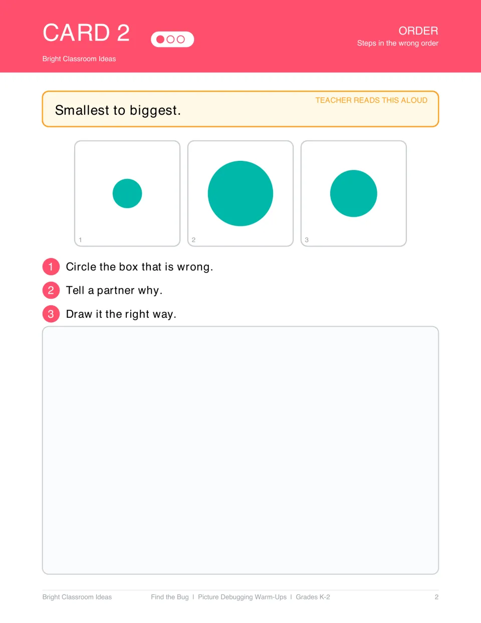 Order debugging card 2: 'Smallest to biggest' shows small, large, and medium circles to put in size order.