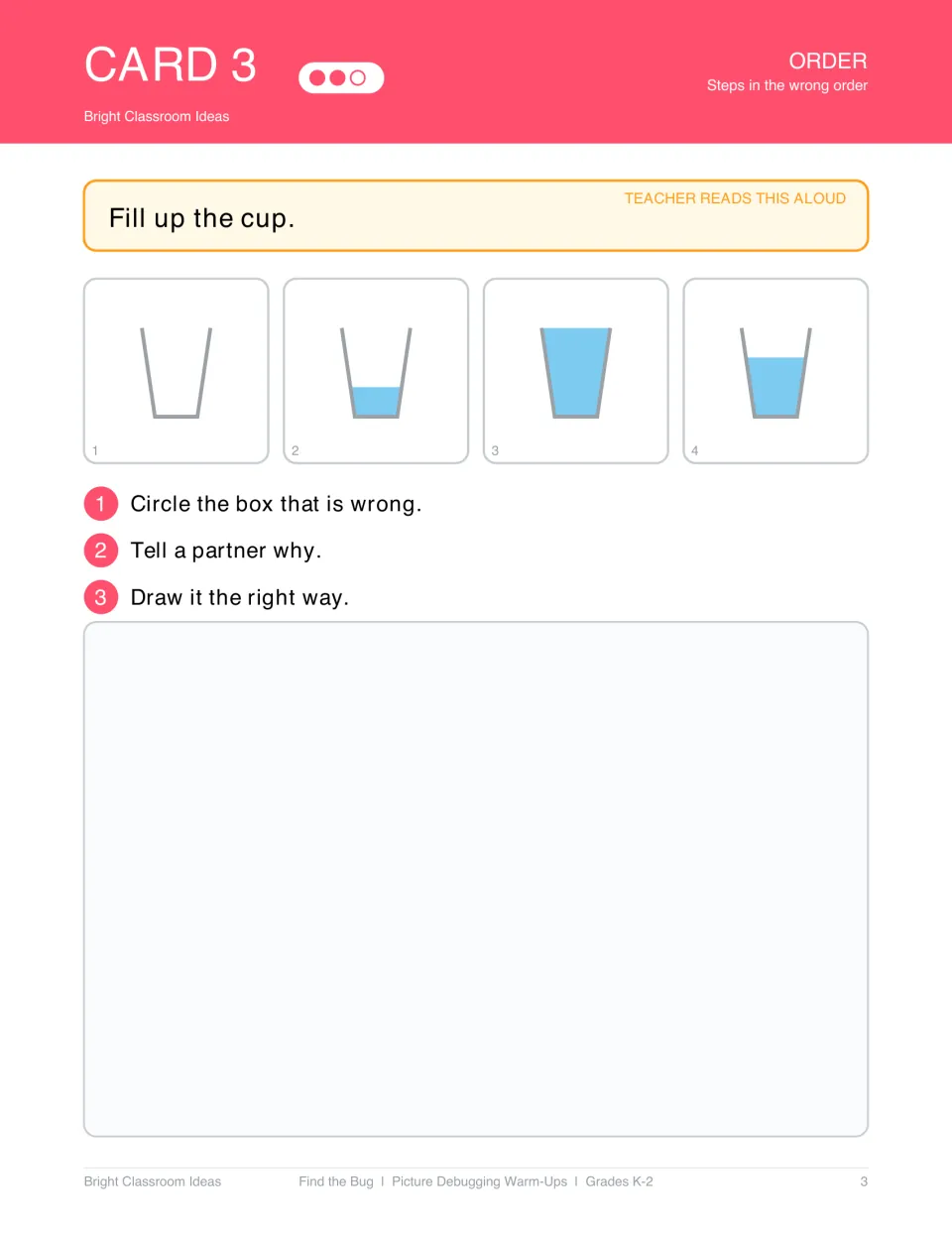 Order debugging card 3: 'Fill up the cup' shows empty, slightly filled, full, and partly filled cups.