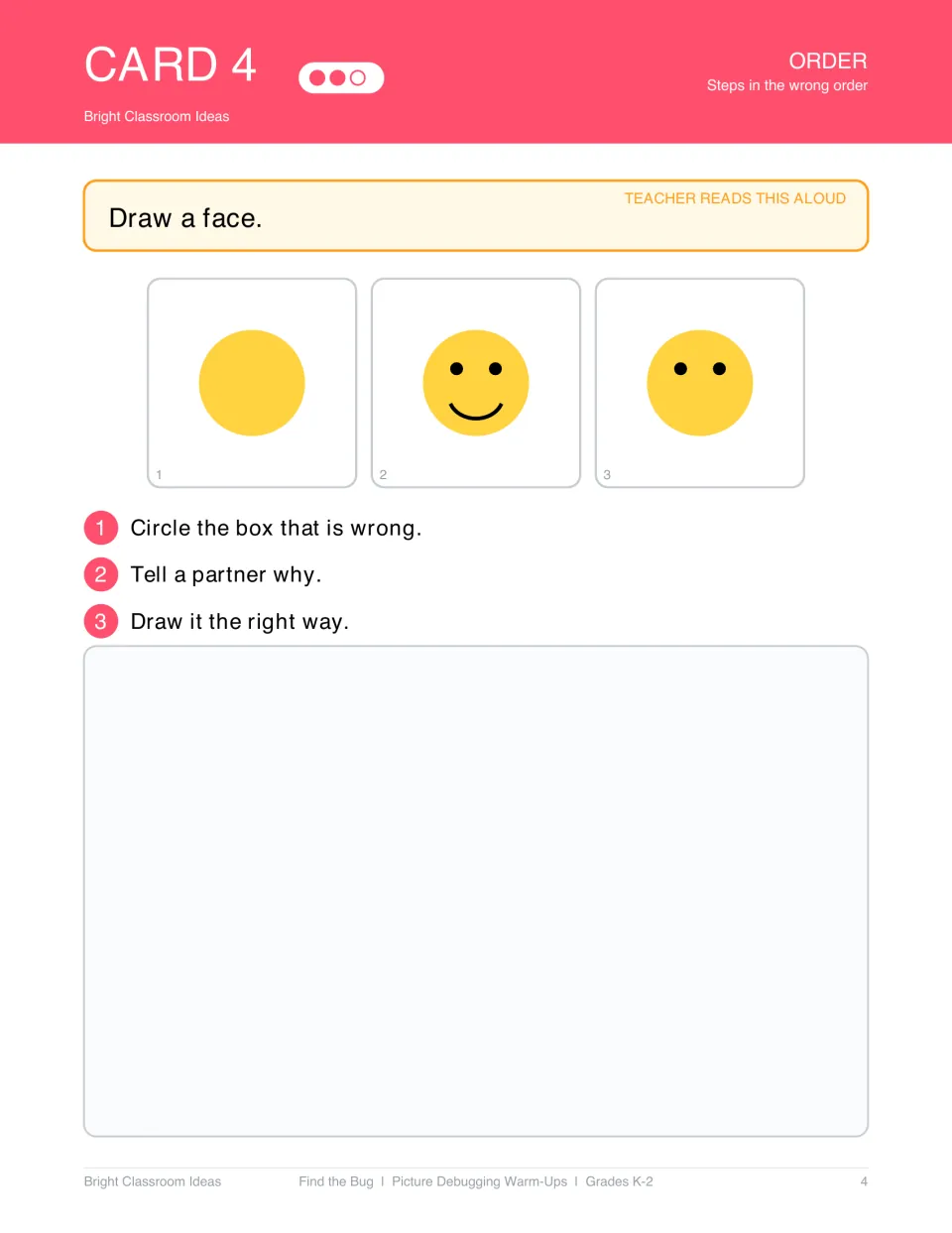 Order debugging card 4: 'Draw a face' shows a blank face, a face with eyes and a smile, then eyes only.