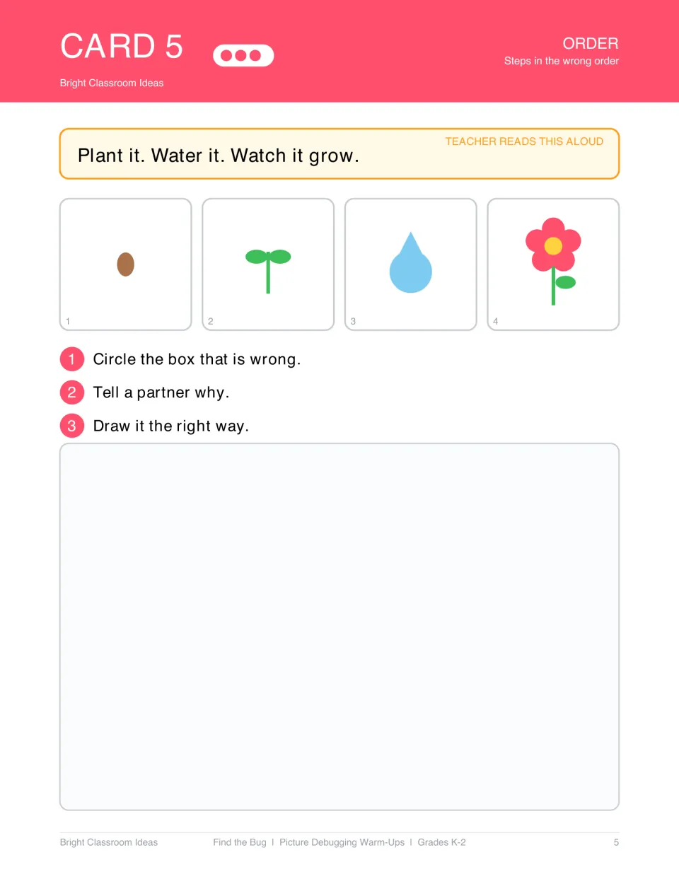 Order debugging card 5: 'Plant it. Water it. Watch it grow.' shows a seed, sprout, water drop, and flower.