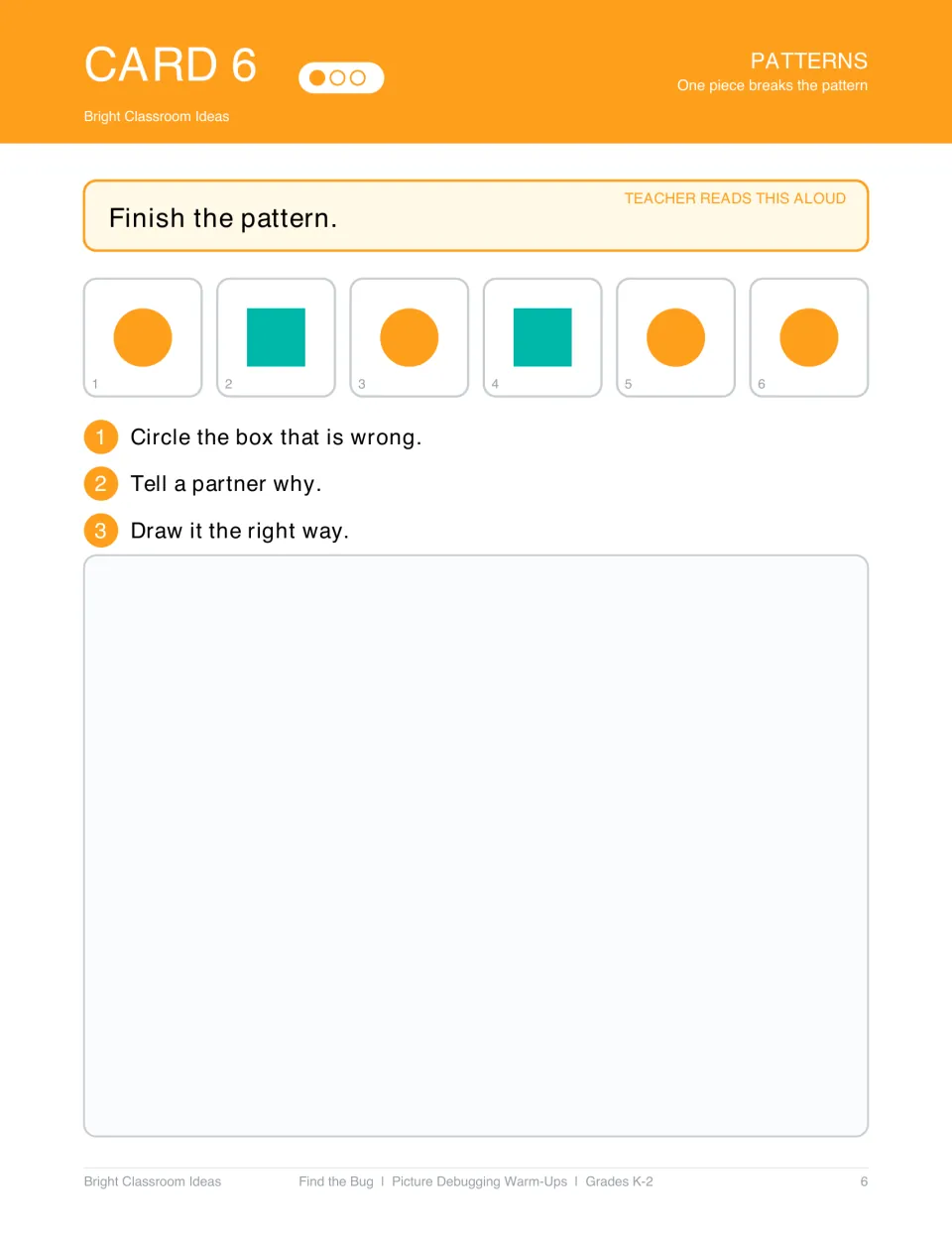 Pattern debugging card 6: 'Finish the pattern' shows alternating circles and squares ending with two circles.