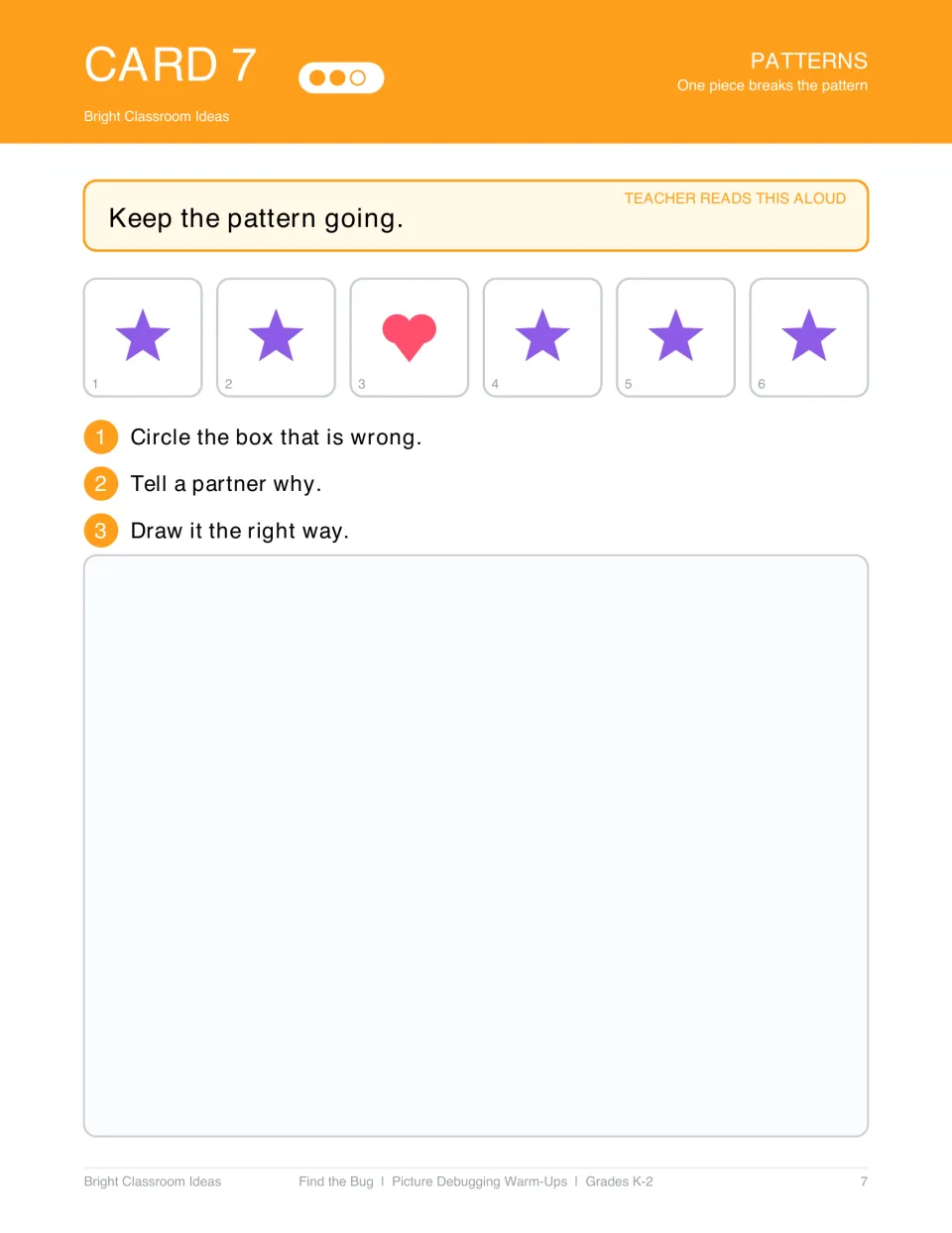 Pattern debugging card 7: 'Keep the pattern going' shows star, star, heart, star, star, star to inspect.